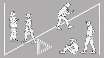 Minimal Line Drawing Vector Set of People in Different Poses Including Standing, Walking, Sitting, and Talking on Gray Background