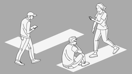 Minimal Line Drawing Vector Set of People in Different Poses Including Standing, Walking, Sitting, and Talking on Gray Background