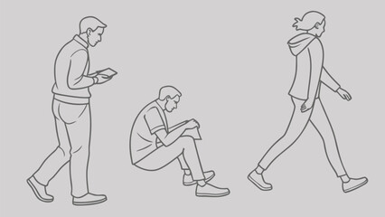 Minimal Line Drawing Vector Set of People in Different Poses Including Standing, Walking, Sitting, and Talking on Gray Background