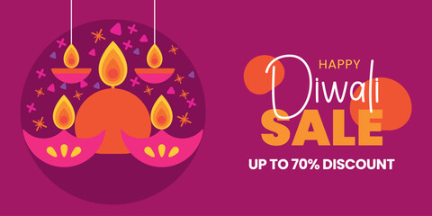 Vibrant Happy Diwali Sale banner with up to 70% discount, featuring a creative, modern flat design illustration of illuminated diya oil lamps on a magenta background.