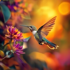 Fototapeta premium A shimmering hummingbird hovering gracefully near vibrant blossoms a moment of pure joy in nature s