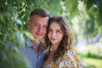 Fototapeta premium Summer park portrait of a joyful couple amid lush trees and grass