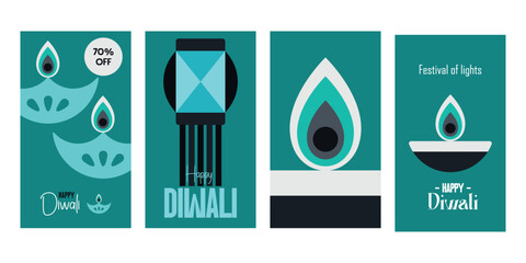 Set of four abstract, geometric Diwali banners in teal and black, featuring stylized diya lamps, a traditional lantern, and the 