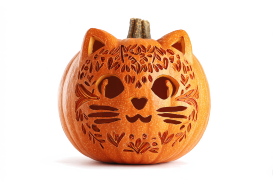 Carved pumpkin with a cat face design a festive Halloween decoration isolated on white