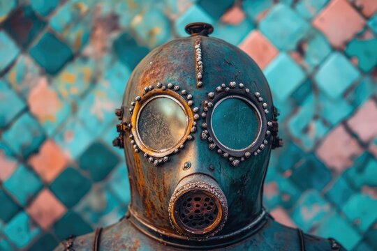 An aged, oxidized deep-sea diving helmet or gas mask, featuring round visors and a respirator, set against a vibrant tiled wall.