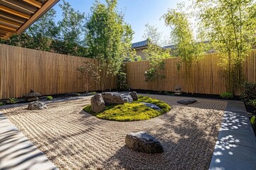 A tranquil Japanese Zen garden showcasing raked gravel, a moss island with large rocks, and a towering bamboo fence.