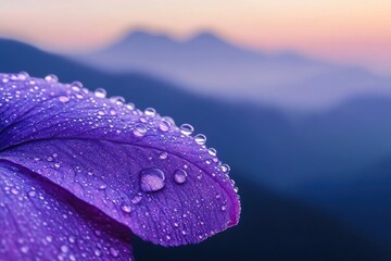 A vibrant purple petal glistens with numerous morning dew drops, reflecting the soft mountain silhouette under a serene sunrise sky. Nature's delicate beauty captured.