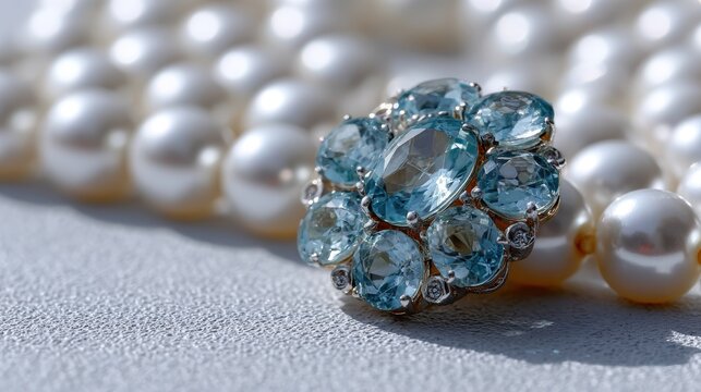 luxury jewelry photography, detailed close-up of aquamarine cluster earrings with various-sized stones set in polished sterling silver placed on white pearls for luxurious effect