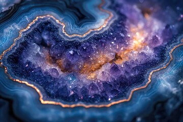 A breathtaking amethyst geode reveals sparkling purple crystals and a warm golden core, framed by intricate blue and purple agate layers.