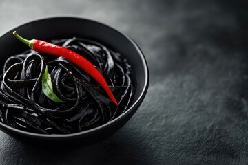 Stylish black pasta, likely squid ink, elegantly served in a dark bowl, garnished with a vibrant red chili and fresh green leaf on a textured background.