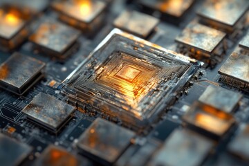 Central microchip glowing with intricate circuitry, surrounded by components on a high-tech circuit board, symbolizing advanced digital computing power and innovation.