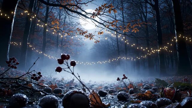 Dark forest with glowing string lights and a big bright moon. Mysterious night woodland virtual background for digital stream.