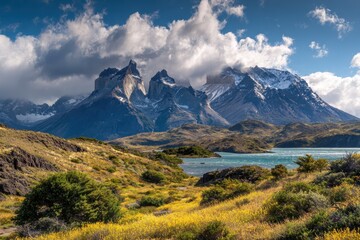 View of Las Torres peaks Chilean Patagonia