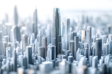 A pristine, high-angle view of a modern miniature city skyline with towering skyscrapers, presented with a charming tilt-shift effect. Urban landscape in cool tones.