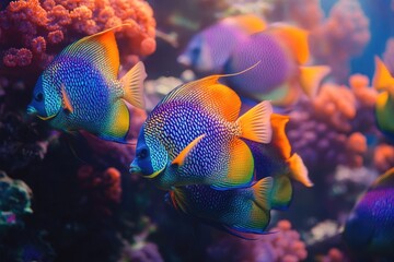 Vibrant angelfish, adorned with brilliant blue, orange, and yellow patterns, gracefully swim among colorful coral reefs, creating a captivating underwater display.
