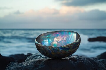 An iridescent abalone shell gleams with vibrant blues and purples on a dark rock, overlooking the tranquil ocean and cloudy sky.