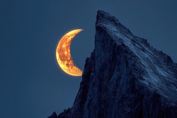 A vibrant, fiery crescent moon dramatically emerges from behind a dark, jagged mountain peak under a deep blue twilight sky.