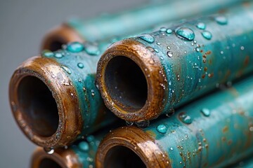 Close-up of weathered metal pipes, likely copper, showing beautiful turquoise verdigris and glistening water droplets, highlighting corrosion and texture.
