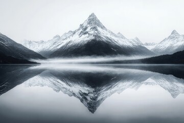 Majestic snow-capped mountain perfectly reflected in a serene, misty lake, creating a stunning symmetrical monochrome landscape.