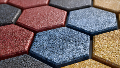 Fototapeta premium Multicolor hexagons abstract pattern, rubber crumb texture background, flooring for stadiums and playgrounds