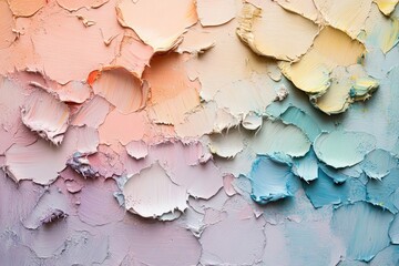 Vibrant textured abstract painting with thick impasto strokes in a soft pastel gradient of pink, yellow, blue, and purple hues.