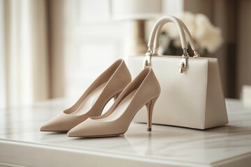 Elegant beige suede high heels and a matching white structured handbag, stylishly arranged on a reflective surface, exuding luxury and sophistication.