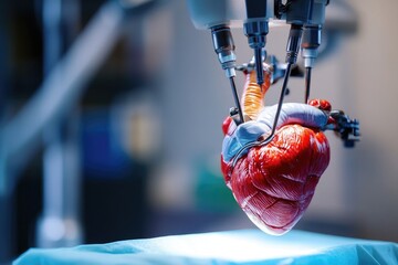 A robotic surgical system delicately manipulates a realistic human heart model, symbolizing advanced cardiac procedures and medical innovation.