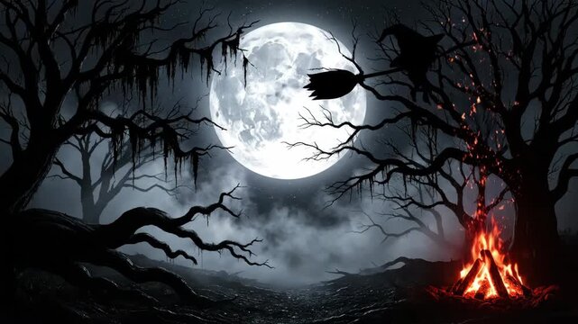 Full moon lighting a spooky forest with bare trees and bonfire. Haunted Halloween night landscape with smoke motion. Spooky atmosphere overlay footage.