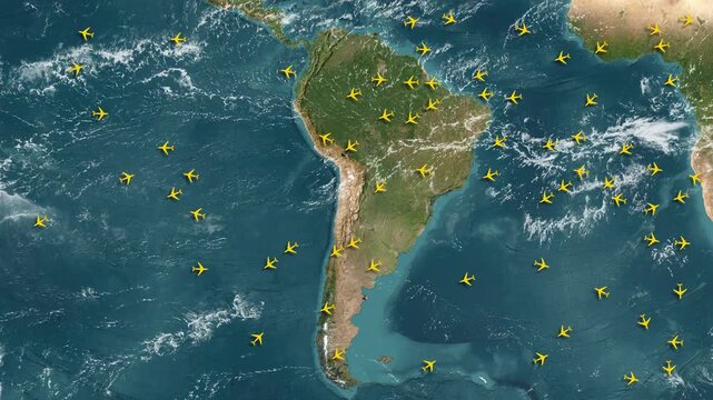 Animated flight radar display with yellow aircraft moving over a map of South America. With moving clouds. For travel videos, aviation safety themes, and advertising.