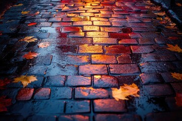 A wet cobblestone path at dusk, illuminated by warm reflections of streetlights, scattered with colorful autumn leaves, evoking a beautiful, atmospheric evening scene.