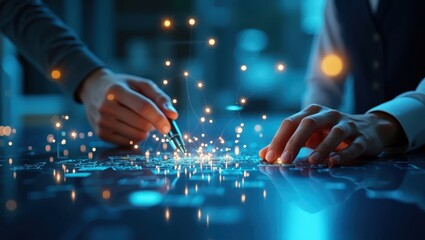 Two individuals collaborate over a data visualization with illuminated nodes, utilizing a pen to interact with the network, highlighting a connected, interactive technological process, displaying a...