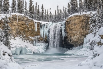 A magnificent winter waterfall plunges into a semi-frozen turquoise pool, flanked by snow-covered cliffs, massive icicles, and frosted pine trees.