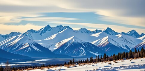 Majestic Alaskan mountain range, snow-capped peaks and pristine wilderness. Breathtaking winter landscape, backdrop, untouched, frost