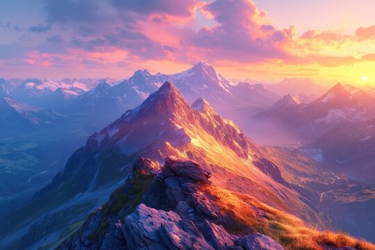 Majestic alpine peaks glow under golden sunrise/sunset. Vibrant pink and orange clouds fill the sky, creating a breathtaking rugged mountain panorama. - Powered by Adobe