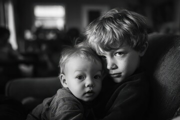 Young child seated on his older brother s lap