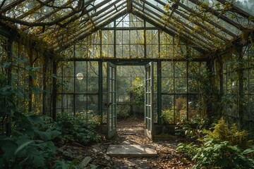 Overgrown glasshouse with vines cascading from the ceiling and open doors leading to more greenery.