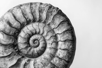 A detailed black and white close-up of an ancient ammonite fossil, showcasing its intricate spiral structure and textured surface against a stark white background.