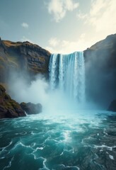 Thrilling Majestic Waterfall Erupting From Steep Cliffside Into Misty Pool Foaming Waves Drama