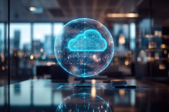 A holographic blue cloud symbol within a glowing wireframe globe, representing global cloud computing and digital connectivity in a modern, blurred office environment.