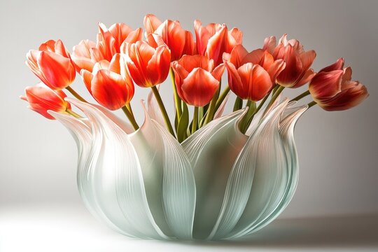 Vibrant red and white tulips arranged artfully in a sculptural, frosted glass vase with an organic, petal-like design against a soft gray background.