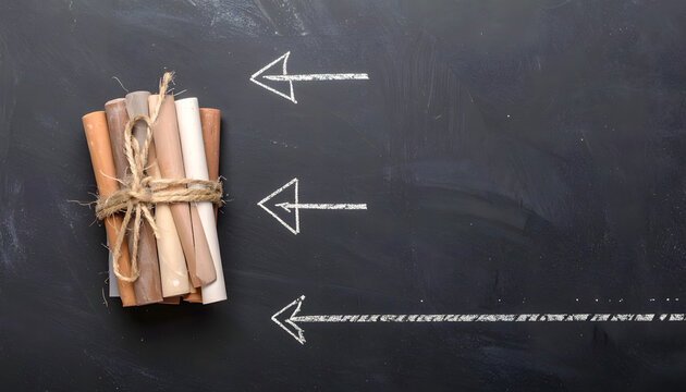 Bundle of scrolls and drawn arrows on a black chalkboard