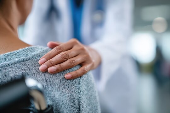 A female physician supports a patient in a wheelchair to boost her confidence in seeking treatment and health care