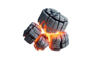 Glowing, cracked stone cluster, abstract 3D render, fiery core. background removed