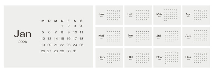 Minimalist Germany 2026 calendar template set of template monthly horizontal pages. Layout Deutsch Jahresplaner for the year. Week start on Monday
