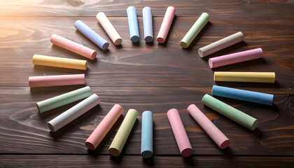 Obraz premium Colorful chalk pieces arranged on a wooden surface