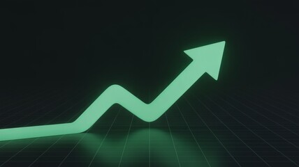 Single, thick, glowing green arrow moving in a sharp upward trajectory over a subtle, dark grid background. powerful and simple visual metaphor for financial growth, and positive market trends.