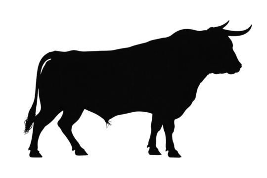 Black silhouette of a bull, standing profile, simple design. background removed