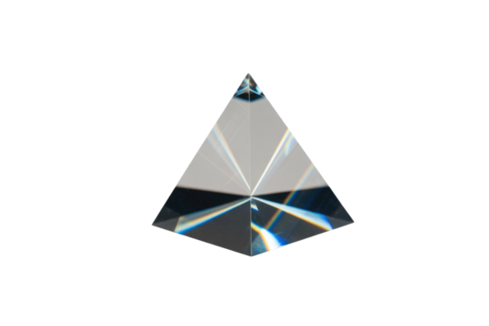 A transparent glass pyramid on a transparent background, showcasing internal light refraction. background removed