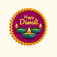 Happy diwali greeting with a lit diya and marigold flowers