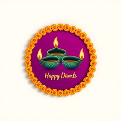 Happy diwali greeting with diyas and marigold border